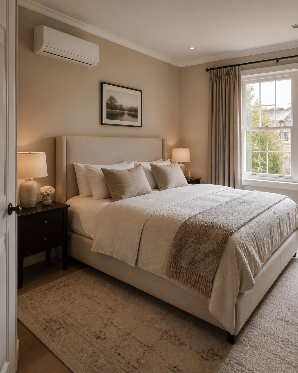 Bedroom with a compact indoor air conditioning unit fitted neatly on the side wall away from the bed head
