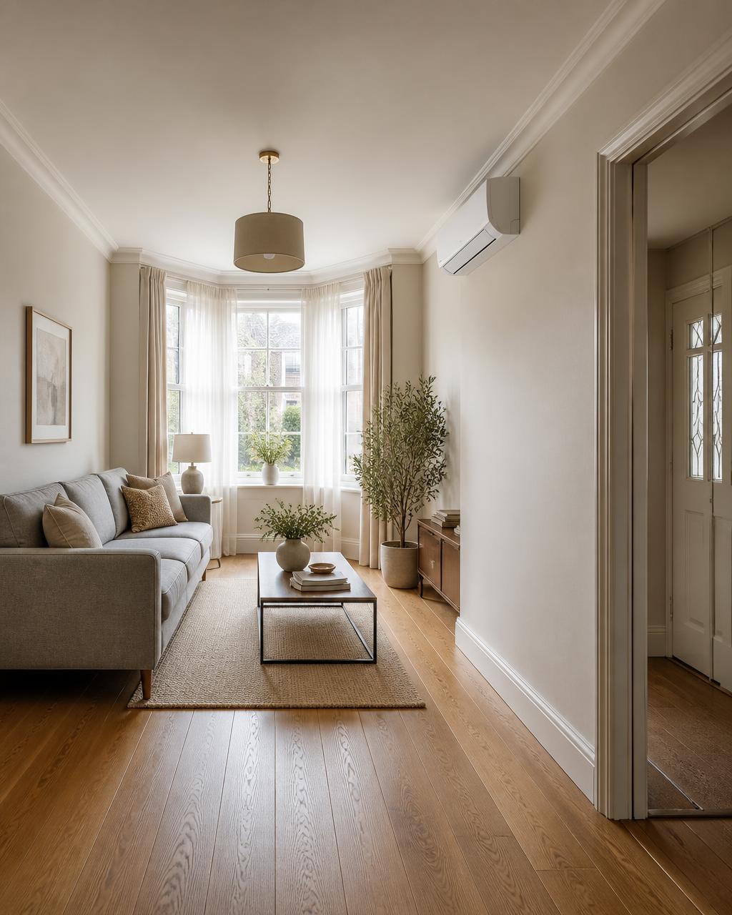 Living room where the indoor air conditioning unit is fitted high on the side wall so air travels across the room rather than onto the sofa