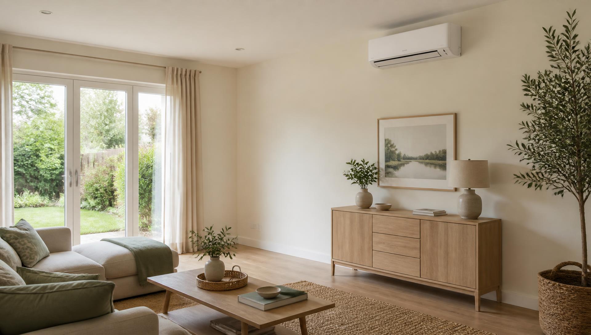 Contemporary British living room with a discreet wall-mounted air conditioning unit