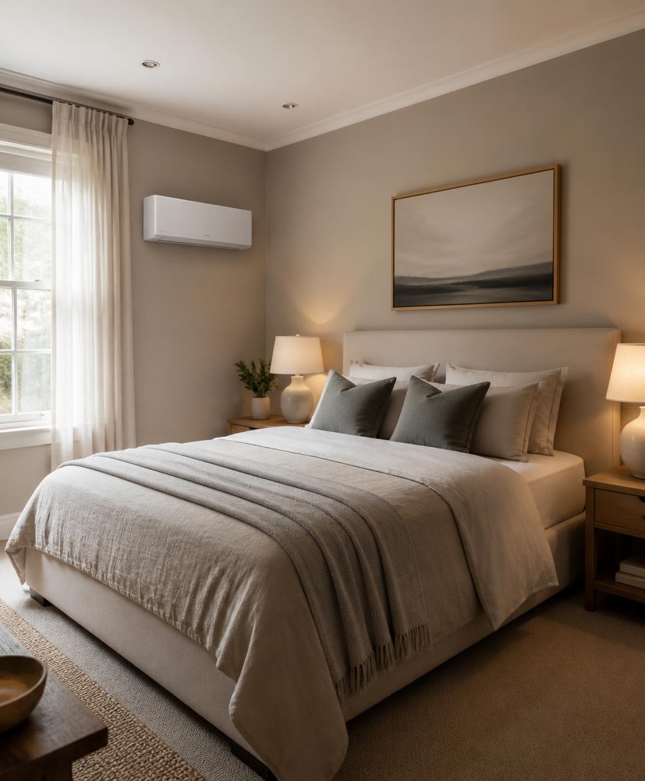 Calm bedroom with an air conditioning unit fitted on the side wall away from the bed head