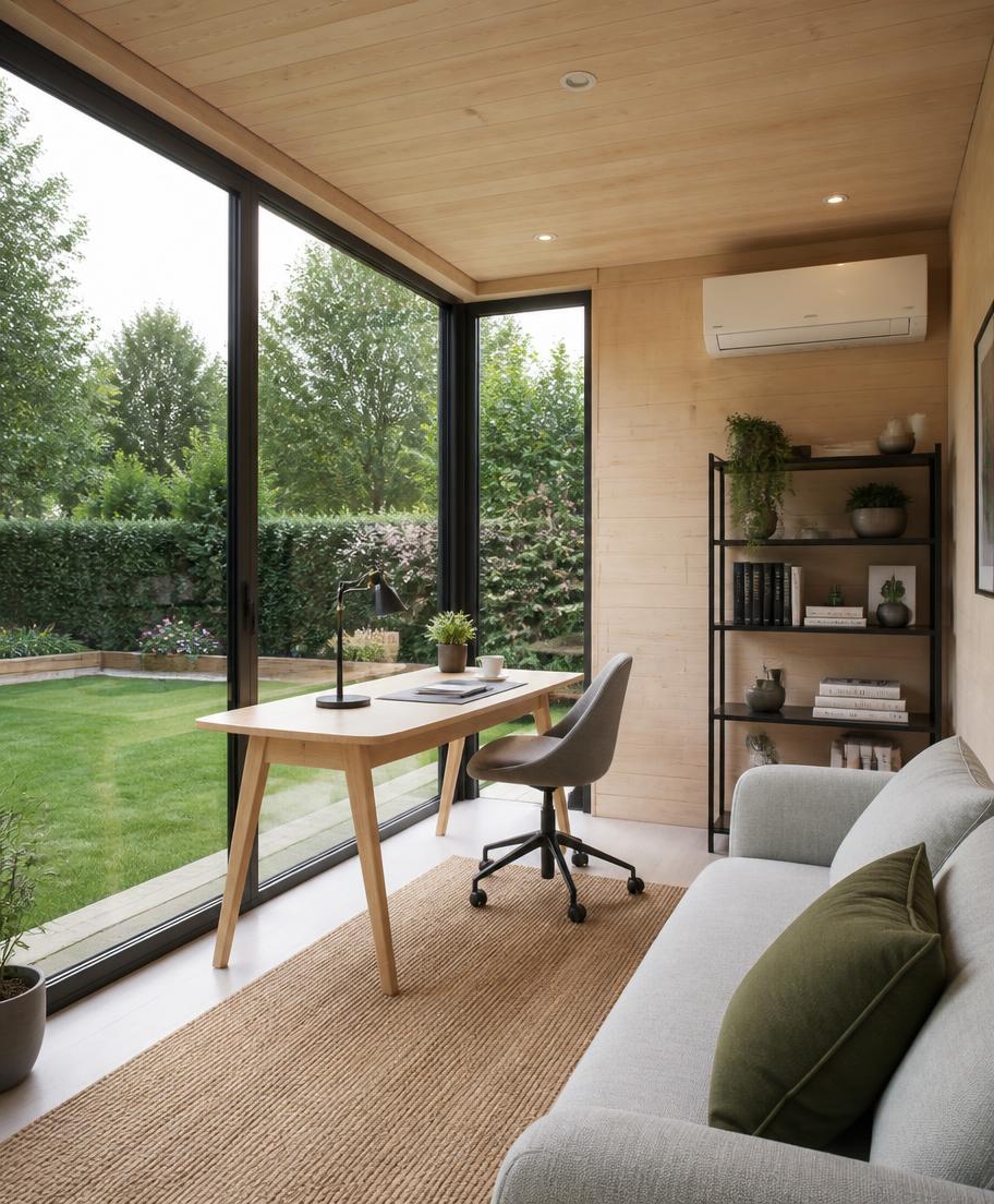 Timber-lined garden room with a wall-mounted air conditioning unit and full-height glazing