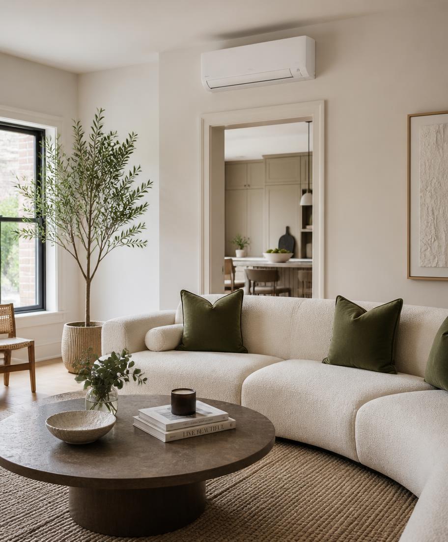 Bright living room with a discreet wall-mounted air conditioning unit above the doorway