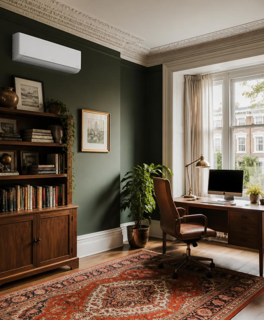 Period home office with an air conditioning unit positioned away from the desk